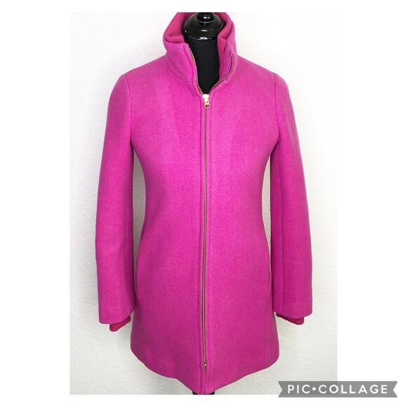 J Crew bright pink Italian Stadium Cloth by Nello Gori full zip wool coat size 0 - Picture 1 of 16
